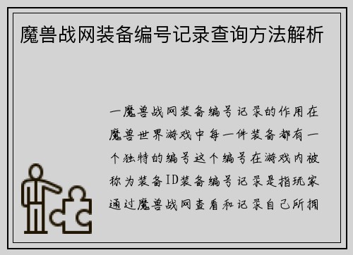 魔兽战网装备编号记录查询方法解析