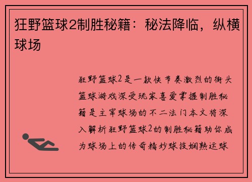 狂野篮球2制胜秘籍:秘法降临,纵横球场