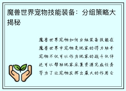 魔兽世界宠物技能装备：分组策略大揭秘